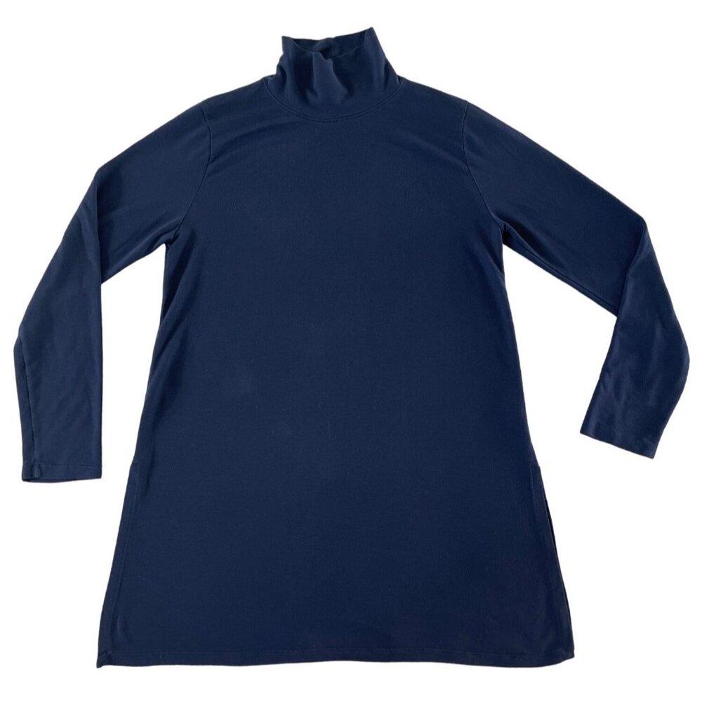 Eileen Fisher Stretch Jersey Knit Turtleneck Tunic Top Tencel Lyocell Blue Small